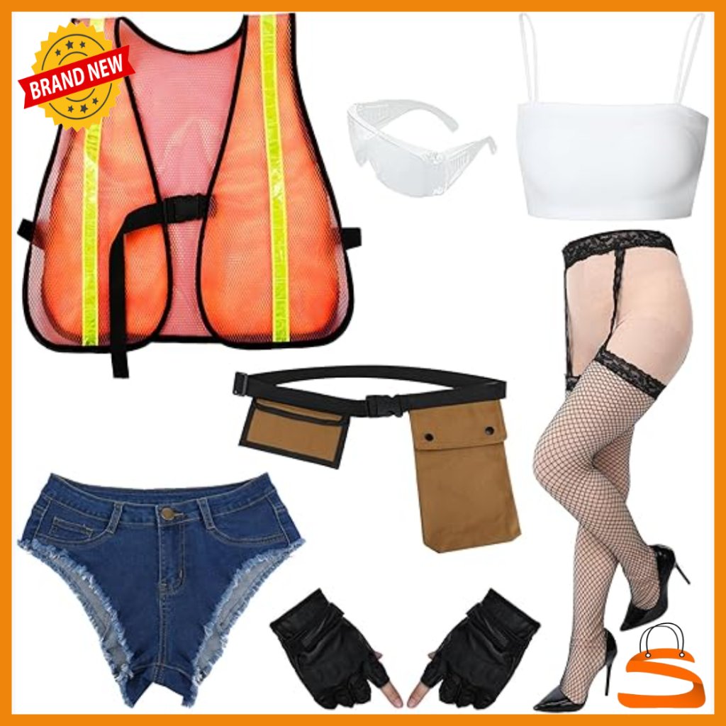 Size S Construction Worker Costume Set With Vest Gloves Glasses Stockings